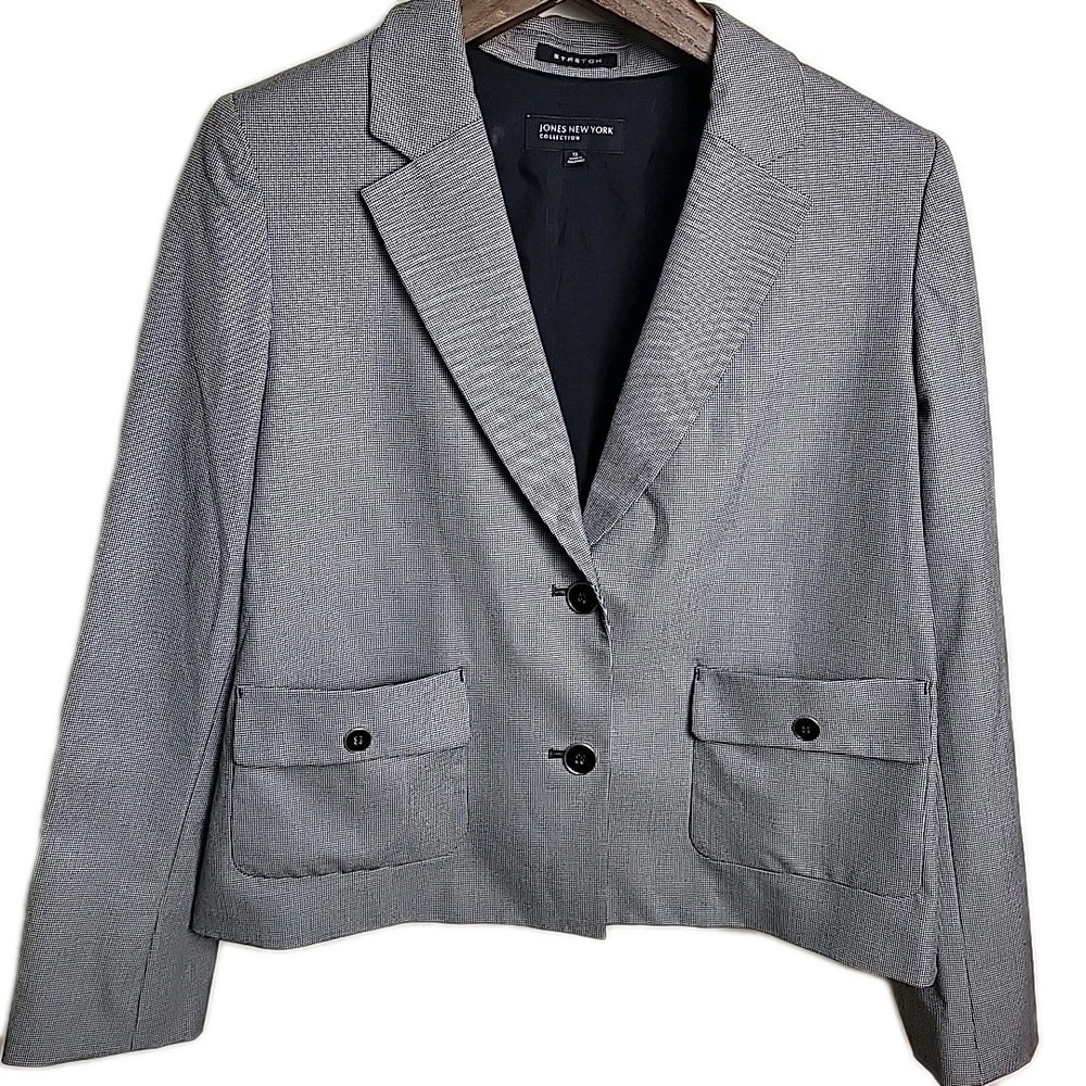 Jones New York Collection‎ Womens Sz 12 Gray Houndstooth 1 Button Blazer Stretch